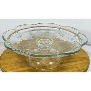 Clear Glass Round Pedestal Cake Stand Plate, Scalloped Edge, Transparent 12”